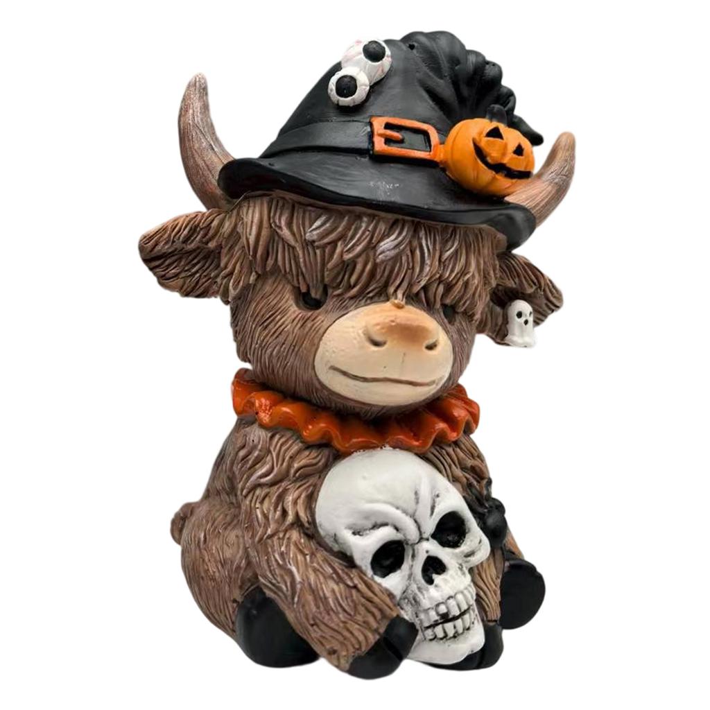 Halloween Highland Cow Holding Skull Pumpkin Resin Statue Festives Home Table Decors Ornament Resin Miniature Sculpture