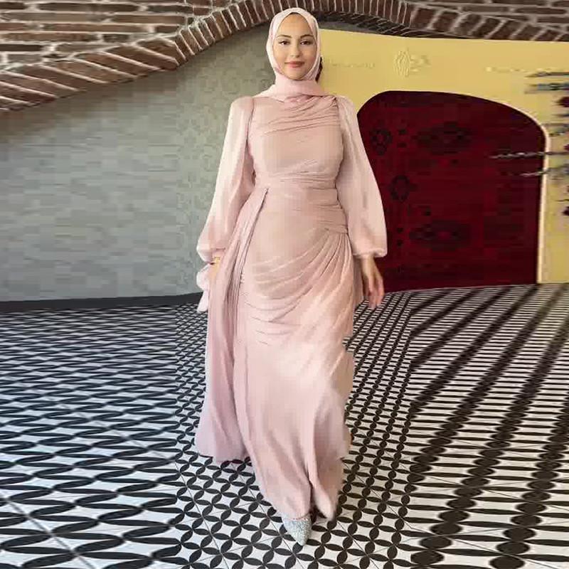 Polyester Pleated Dress With Long Sleeves For Elegant Women Spring