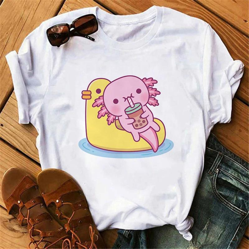 Футболка Axolotl, одежда унисекс, милая, кавайная, винтажная, y2k, футболка, женская, унисекс, Drink Bubble Tea, повседневная, с коротким рукавом, футболка