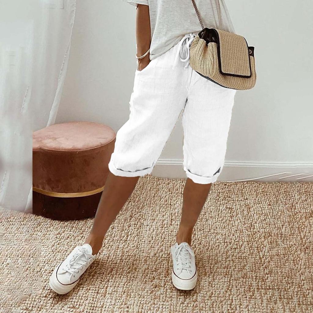 Womens Linen Shorts High Waisted Casual Shorts Drawstring Shorts With Pockets