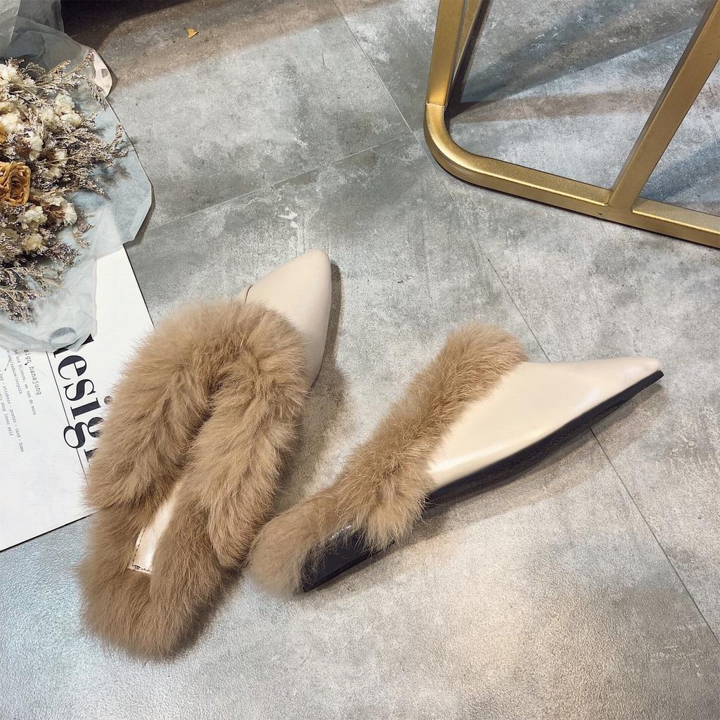Модные мягкие меховые полутапочки женские 2024 осень зима искусственная кожа квадратный каблук теплые плюшевые тапочки женские плоские мюли из искусственного меха шлепанцы обувь