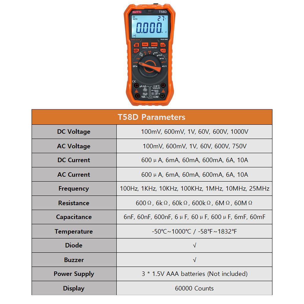 Цифровой мультиметр NJTY T58D 60000 отсчетов Multimetro ACDC измеритель напряжения емкости Professional