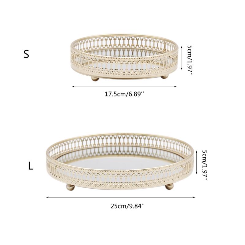 Nordic Luxury Metal Mirror Tray Round Plate Desktop Jewelry Storage for Coffee Table Dresser Bathroom Bedroom Home Decor