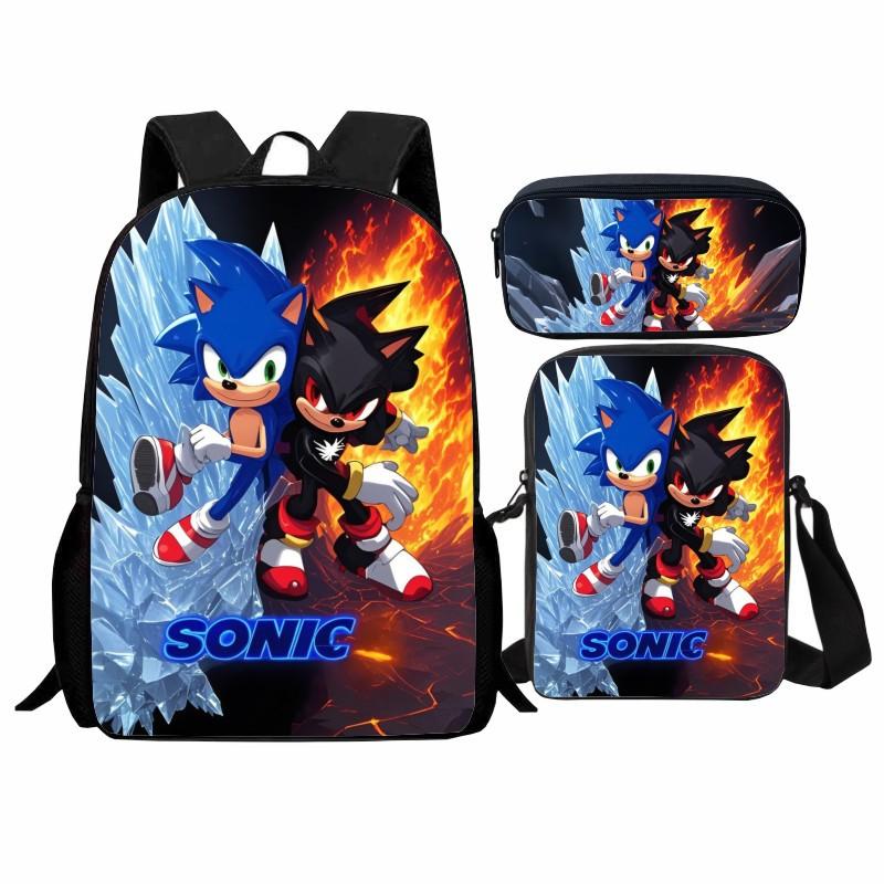 Printed Sonic Student School Bag Three-piece Set, Casual Sonic Backpack Crossbody Bag Pencil Bag Men and Women