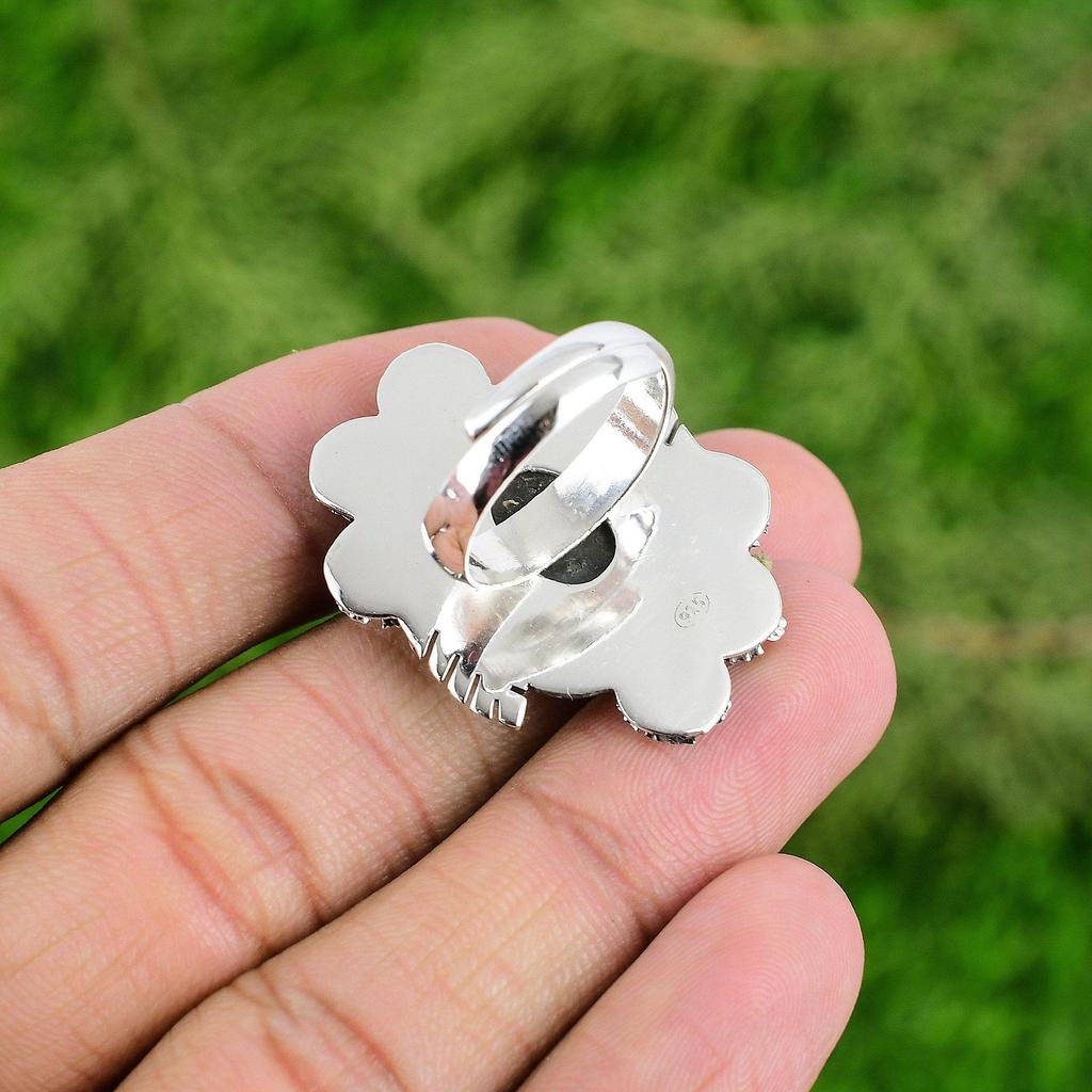 Серебро 925 пробы Натуральный лабрадорит Необработанный Штабелируемое Цветок Регулируемое кольцо