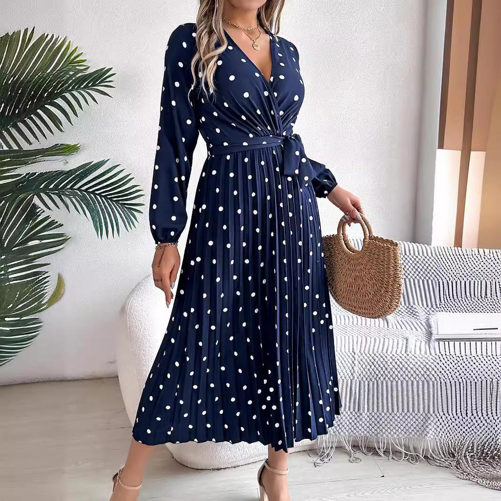 GMXIA Autumn and Winter Elegant Contrasting Polka Dot Cross V-neck Pleated Long Dress Women's Wear