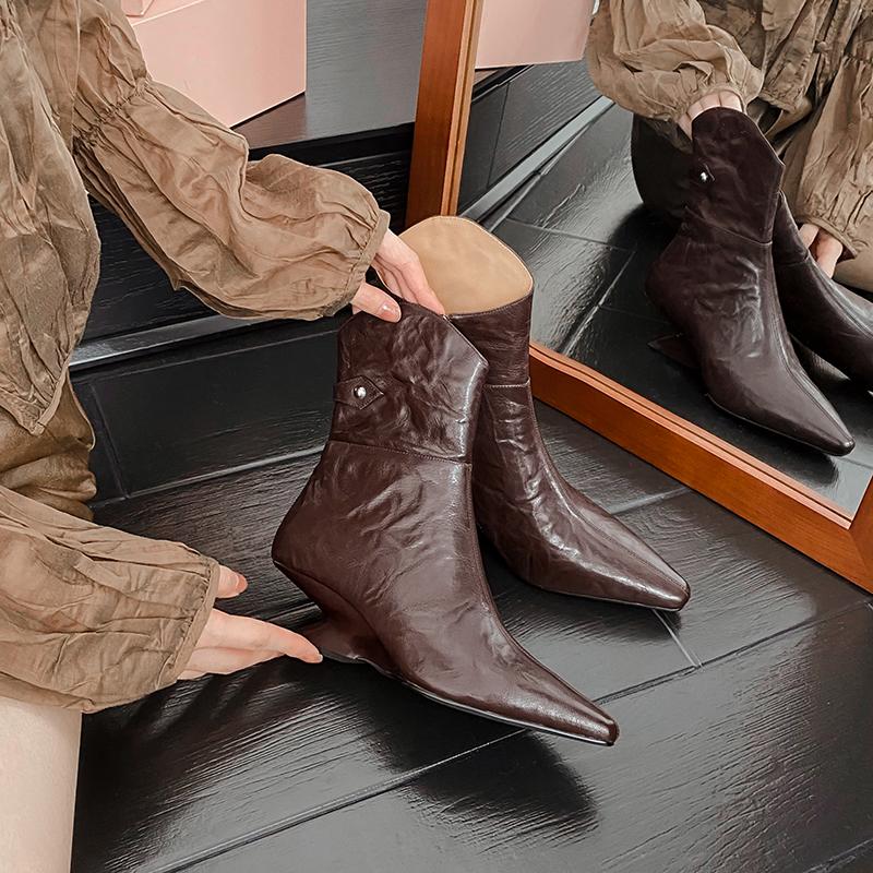 Мода 2024 Осень Новые Женские Ботинки Острый Носок Каблук-рюмочка Натуральная Кожа Женская Обувь Элегантные Ботильоны на Высоком Каблуке Зимние Ботинки