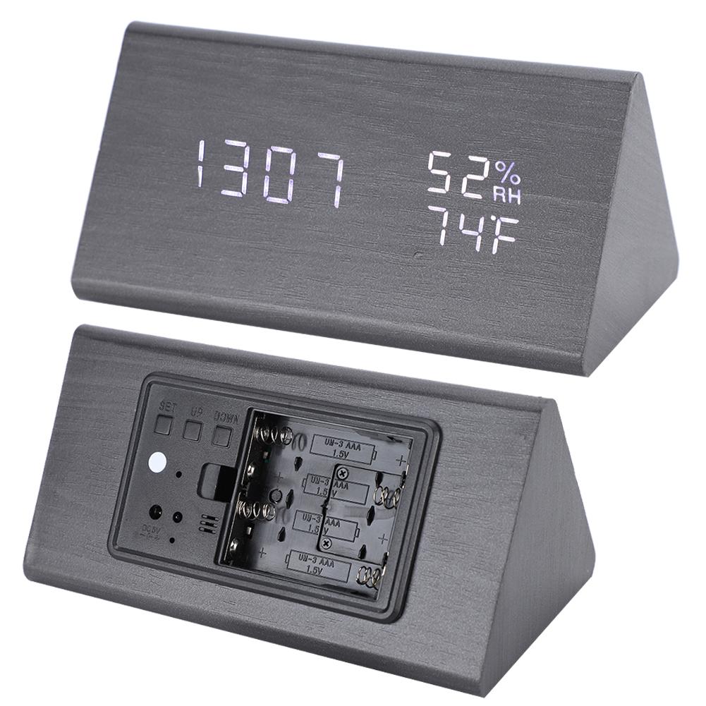 Digital LED Wood Desk Clock Voice Control Triangular Temp Humidity Alarm White Light