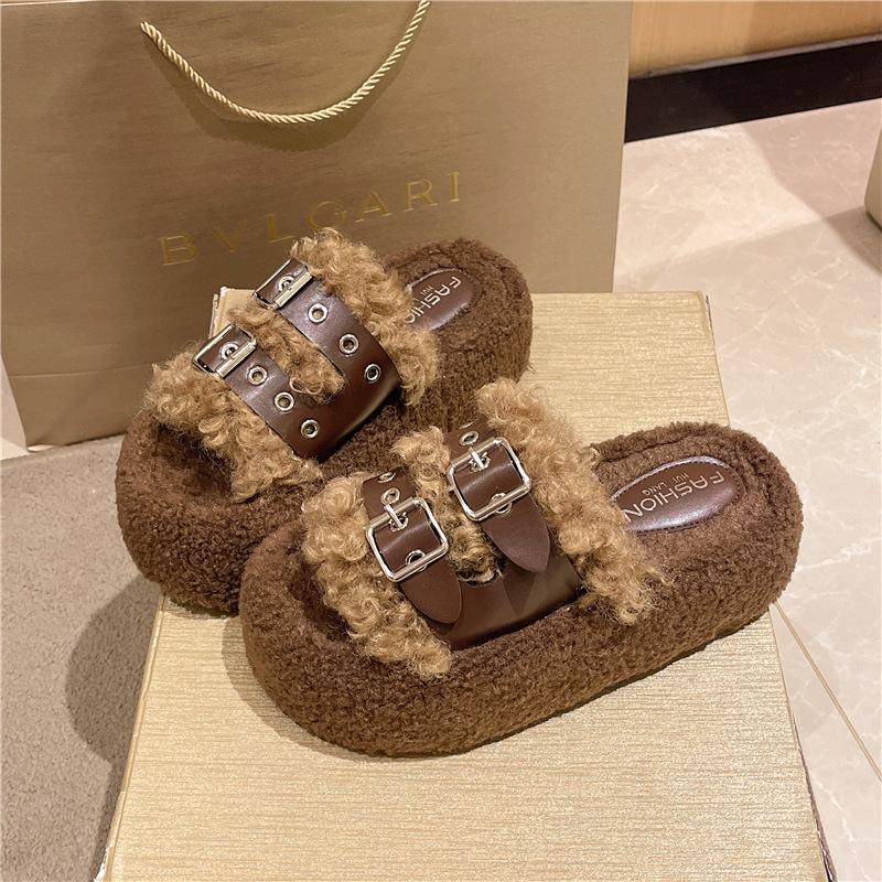 Женские тапочки Mao Mao на толстой подошве, уличная обувь 2025, новая осенне-зимняя модная обувь с плюшевой хлопковой подкладкой на ремешке с пряжкой, красная обувь Mao Mao