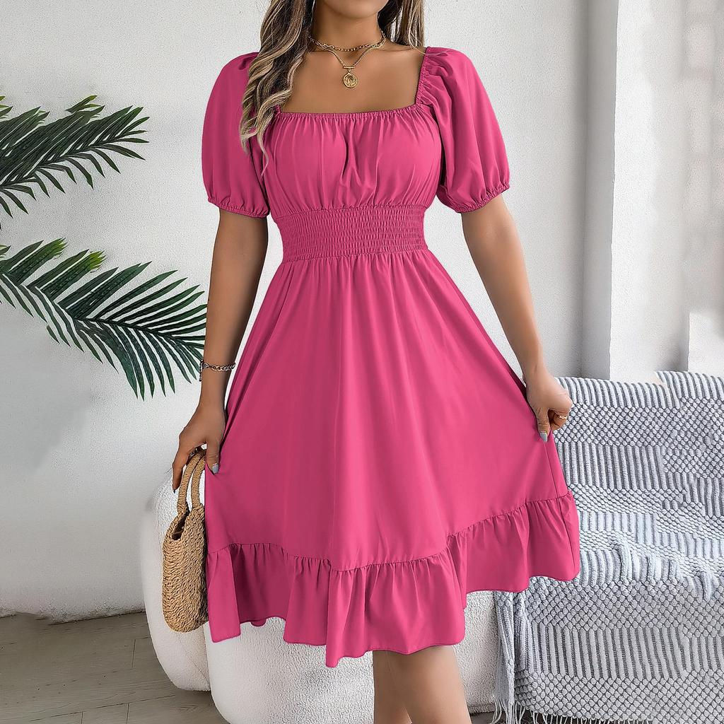 Женское осенне-зимнее темпераментное однотонное плиссированное платье с высокой талией и короткими рукавами на шнуровке