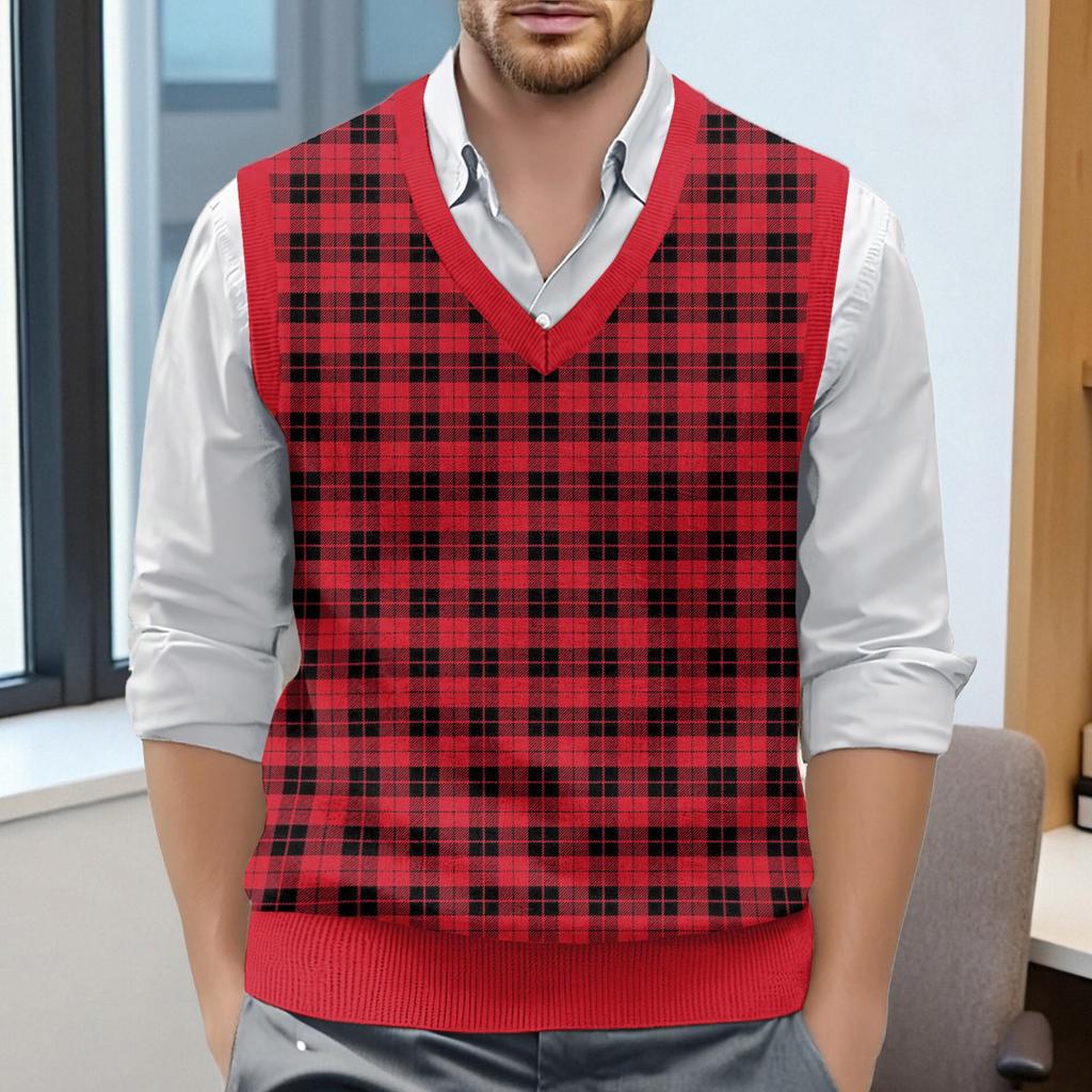 Мужской жилет без рукавов с клетчатым принтом и V-образным вырезом, вязаный джемпер