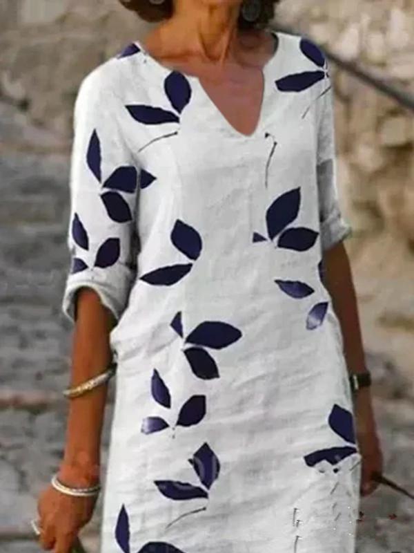 Платье-пуловер из хлопка и льна с принтом в европейском и американском ретро-стиле - Элегантная юбка средней длины