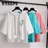 Весенне-летняя футболка с капюшоном и рукавом четверть, женская новая корейская свободная короткая студенческая футболка со средним рукавом, модный топ