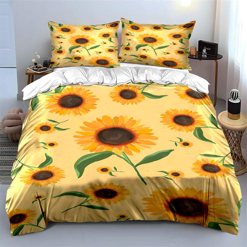 Sunflowers with green leaves. Bedding sets Duvet cover sets Duvet covers Pillowcases(1*Duvet Cover 2*Pillowcases without duvet insert)