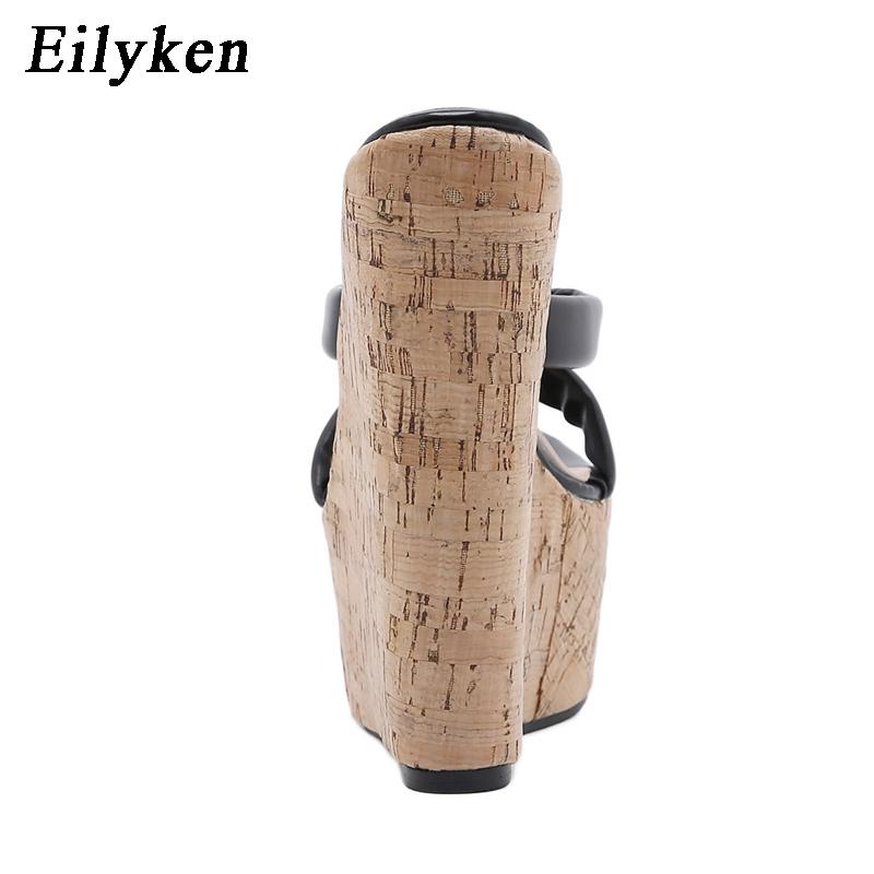 Eilyken Женские тапочки на танкетке на очень высоком каблуке, модные римские сандалии на платформе с открытым носком, летние женские вечерние черные туфли