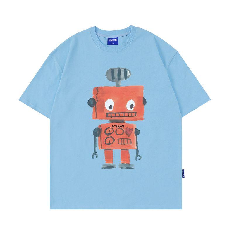 Wassup Robot Retro Simple Short-Sleeved T-Shirt for Men and Women Loose Casual Summer Heavy Cotton Round Neck Top