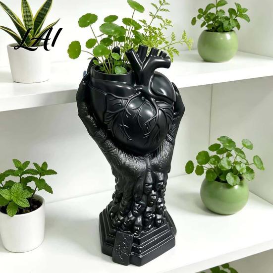 Skull Base Ornament Hand Holding Human Heart Organ Vase Gothic Anatomical Shaped Planter Spooky Halloween Desktop Flower Pot for Living Room