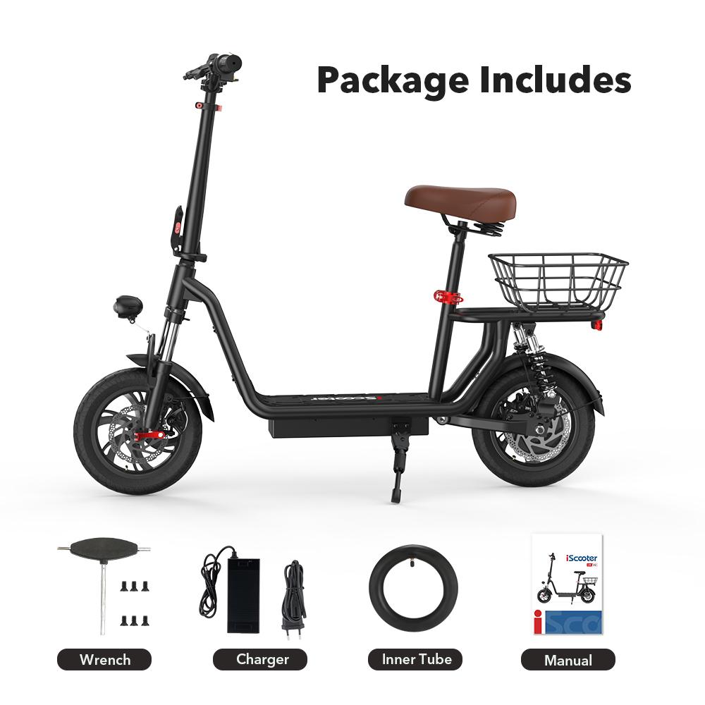 iScooter I12 Road Legal Electric Scooter 500W, 36V7.5Ah, 25km/h Max Speed, Full Suspension, Dual Disc Brakes, 12" Tires Pedelec with Basket & Seat