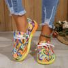 Women Canvas Shoes Autumn New Round Toe Multi-Color Print Lace-up Sneakers 2025 Fashion Rainbow Casual Daily Ladies Flat Shoes