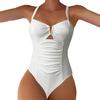 Women Monokini V-Neck Sleeveless Ruched High Waist One-piece Bikini Solid Color Quick Drying Bathing Suit