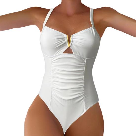 Women Monokini V-Neck Sleeveless Ruched High Waist One-piece Bikini Solid Color Quick Drying Bathing Suit