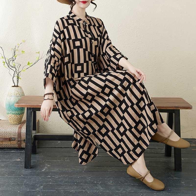 Платье для отпуска 2025 года с принтом и воротником-стойкой, свободного покроя, очень большого размера