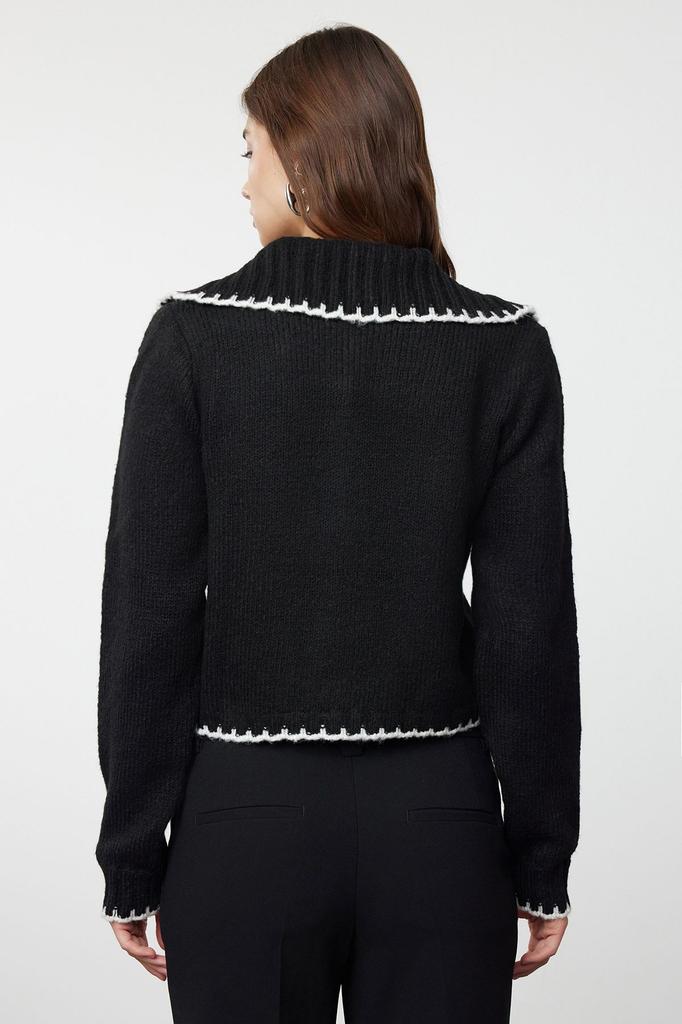 Women's Elegance Style Cardigan Black Soft Textured Contrast Color Knitwear Cardigan