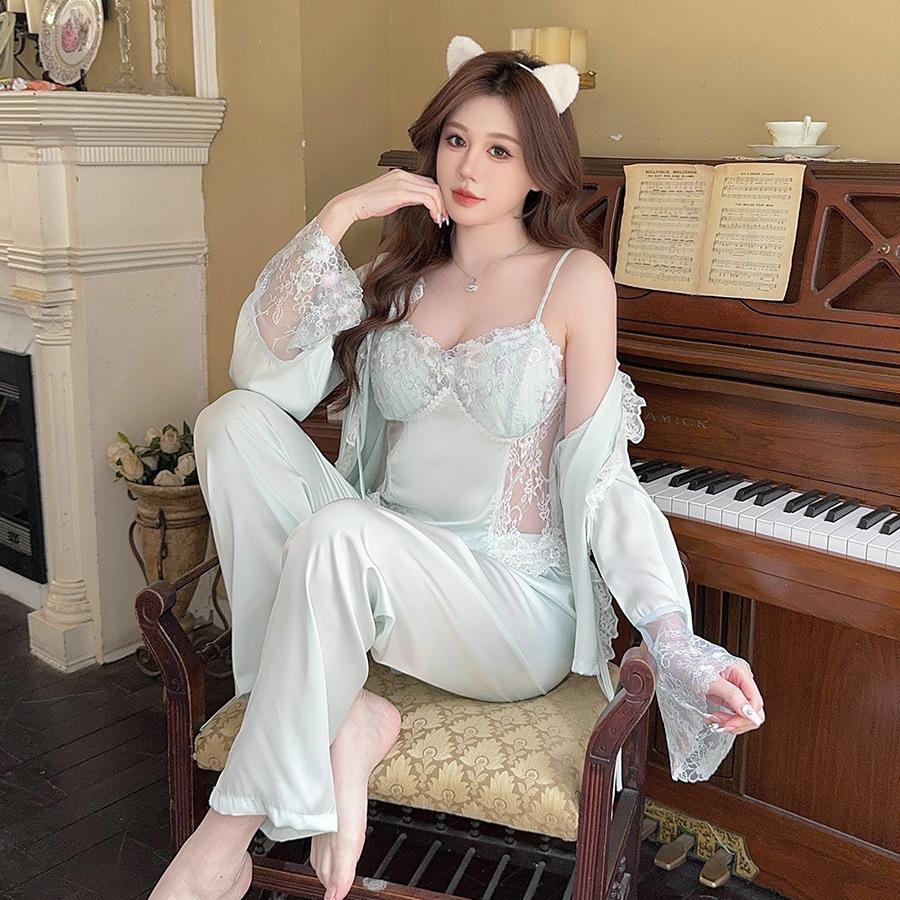 Women's loungewear three-piece suspender trousers robe, sweet and pure girls pajamas, embroidered lace