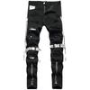 2024 European And American Zipper Punk Style Non Elastic Casual Mid Waist Pants, Washed Cotton Men'S Black Jeans