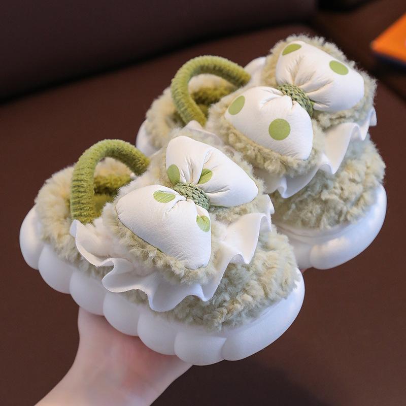 Fashion Cute Children's Cotton Slippers Baby Girl Princess Bow Velvet Thermal Shoes Winter Indoor Home Cotton Mop
