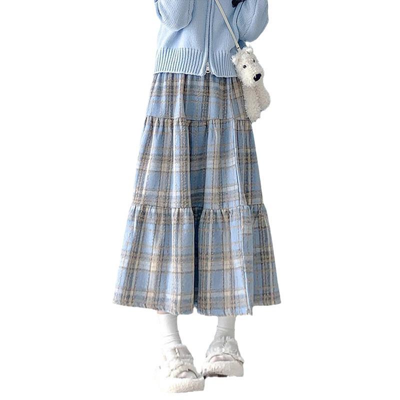 «Женская юбка-трапеция из красной шерсти в клетку с высокой талией 2024 года — японский ретро, средняя длина, облегающий крой»