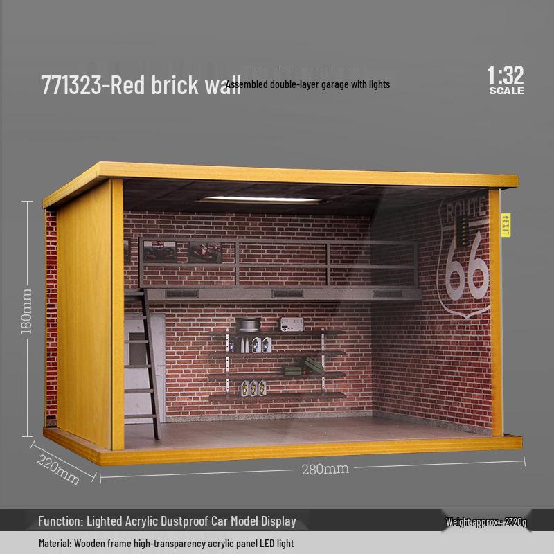 1:Деревянная модель гаража масштаба 32 с подсветкой и акриловым пылезащитным чехлом