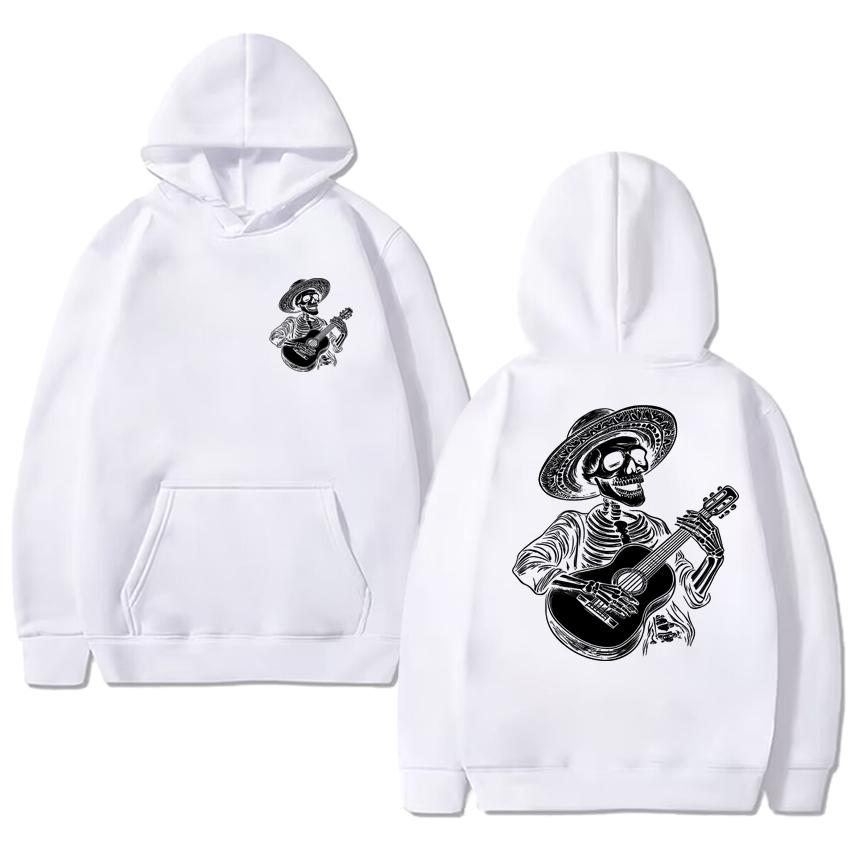 Guitar Player Skull Skeleton Gift Double Sided printed Black streetwear Men women hip hop Casual Hoodies Unisex Fleece pullovers