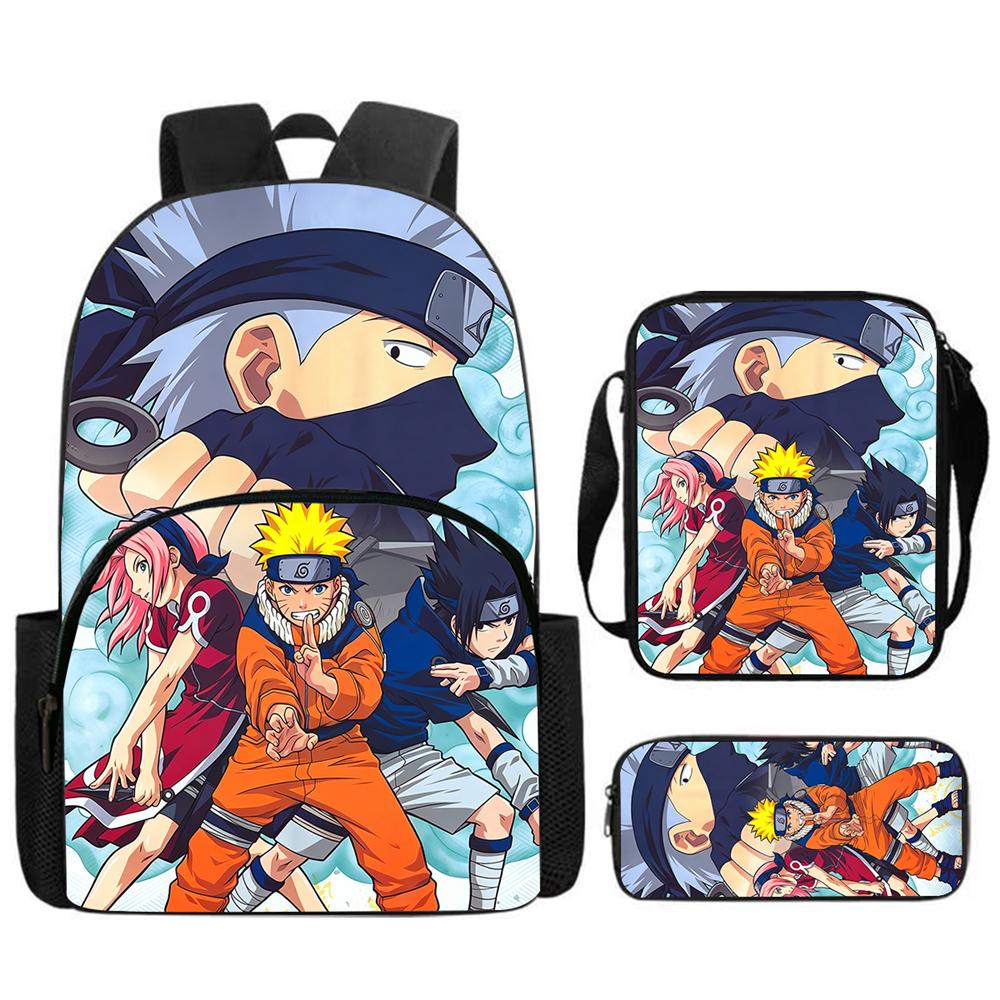 Набор из 3 предметов Школьный рюкзак NARUTO с передним карманом, Сумка через плечо и Пенал, Прочный и легкий, для мальчиков и девочек 5-10 лет