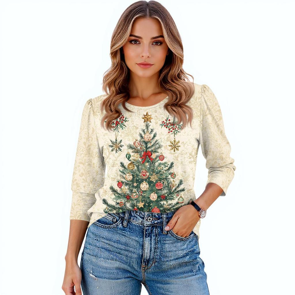 Женская мода Повседневная рубашка с принтом 'Рождество' 3/4 цвета Женские топы с круглым вырезом