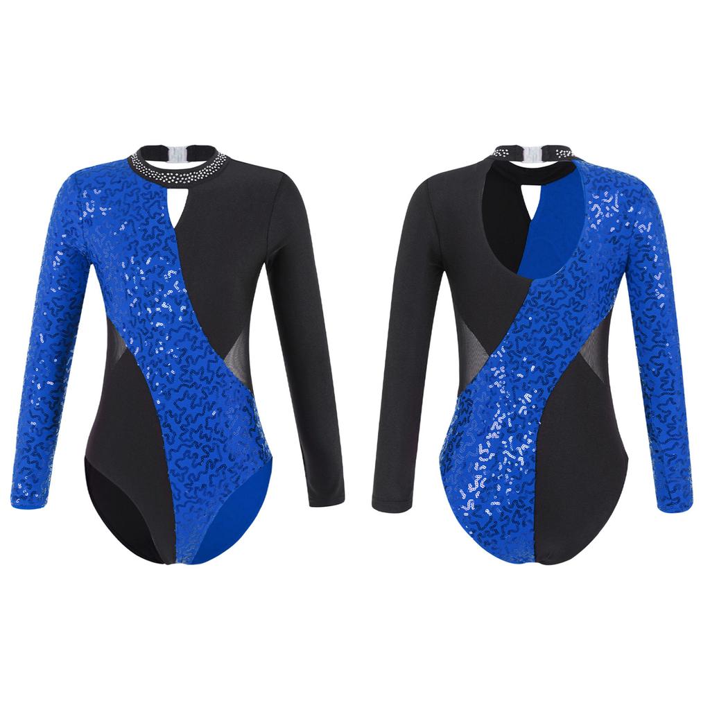 Детский гимнастический трико с открытой спиной для девочек, боди для фигурного катания с блестящими пайетками и длинными рукавами для танцев