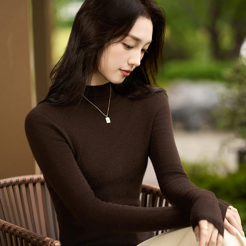 Autumn Women's Half High Neck Knitted Wool Sweater - Slim Fit, Long Sleeve, Plus Size, Elegant Top
