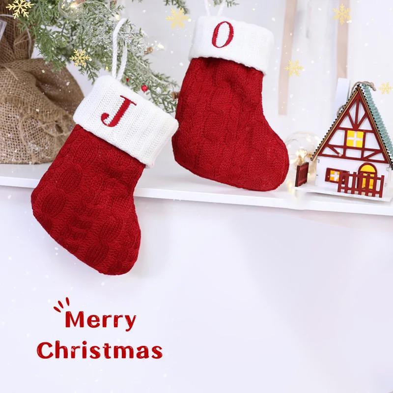 Calcetines Navideños Alphabet Letters Christmas Knitting Stocking Tree Pendant Decorations Christmas Socks Red Snowflake