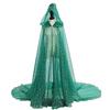 Women Tulle Hooded Cape with Long Train Sparkling Long Sheer Elf Cloak Gothic Witch Robe Costume for Wedding Bride Halloween Cosplay