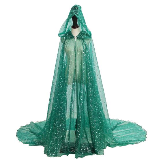 Women Tulle Hooded Cape with Long Train Sparkling Long Sheer Elf Cloak Gothic Witch Robe Costume for Wedding Bride Halloween Cosplay