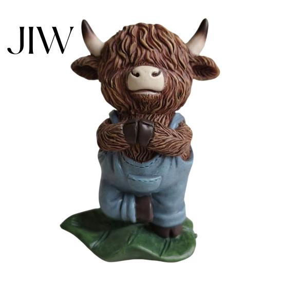 Pastoral Home Accents Yoga Highland Cow Resin Figurine, Farmhouse Style Overalls Statues, Waterproof Crafted Collectibles Garden Ornament for