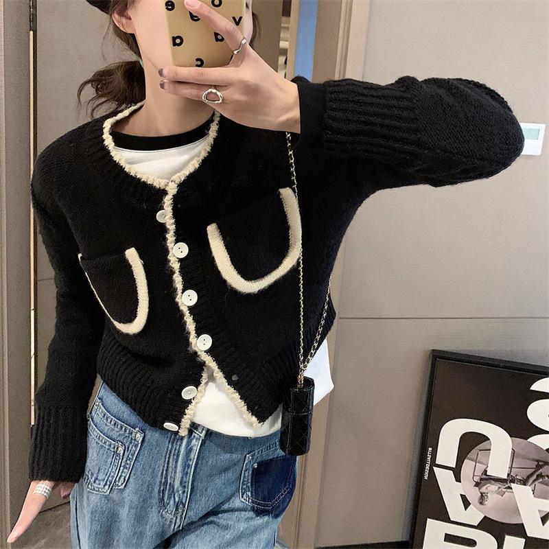 Осенняя корейская версия вязаного кардигана с милым карманом, женственная, простая и универсальная, короткий свитер, женский подобранный по цвету топ пальто