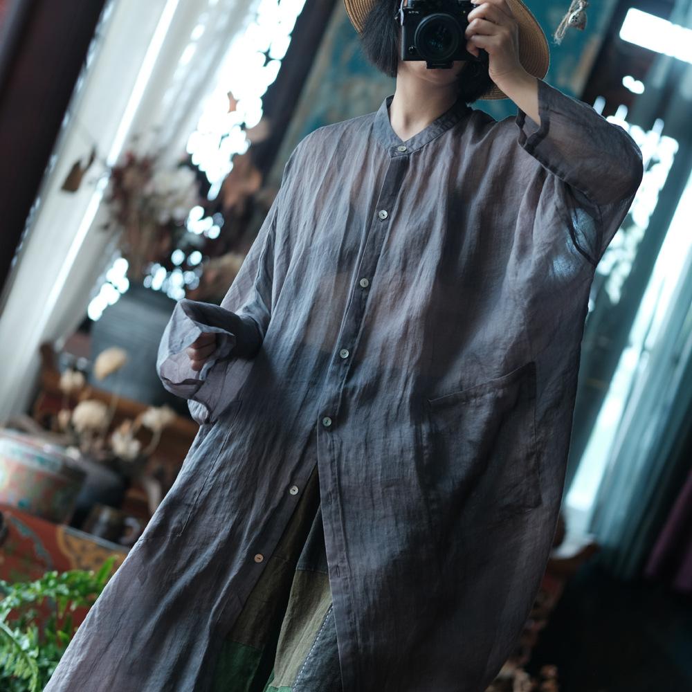 Johnature Женские винтажные длинные рубашки с длинным рукавом, однотонные летние блузки с карманами на пуговицах