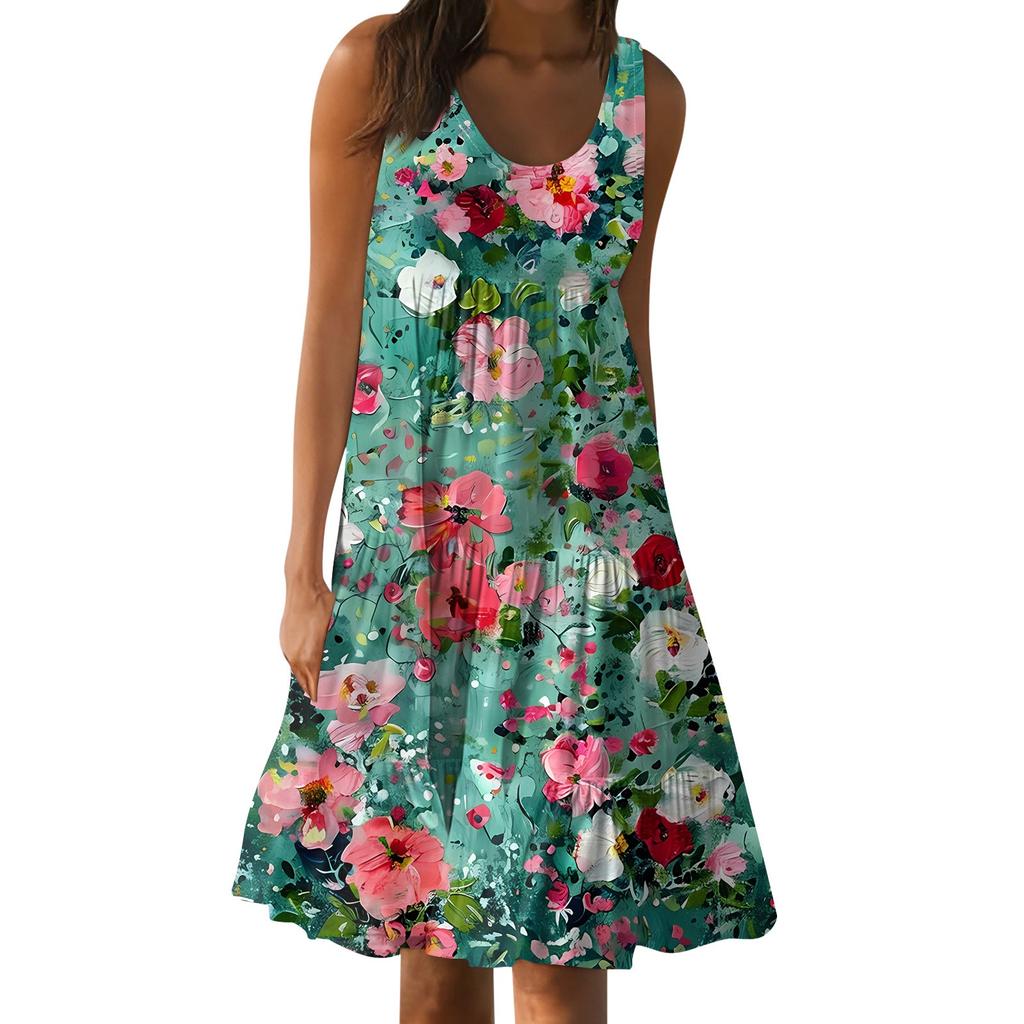 Hawaiian Dress For Women Summer Spring Pleated Bohemian Dresses Cute Sleeveless Flowing Beach Straight  Tank Dresses Round Neck Dresses