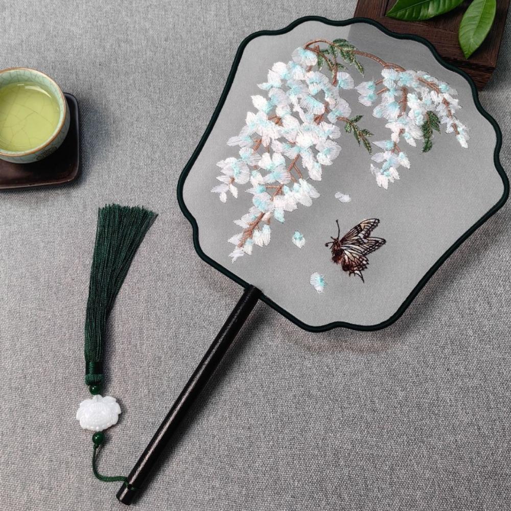 Clothing Acceessories Home Decoration With Tassel Long Handle Chinese Retro Style Embroidery Handheld Fan Pearl Edging