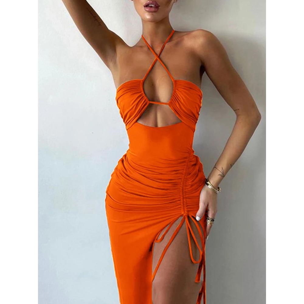 Summer Sexy Dress For Women Sleeveless Backless Hollow Out Party Dress Fashion Lace-up Halter Bodycon Elegant Split Dress