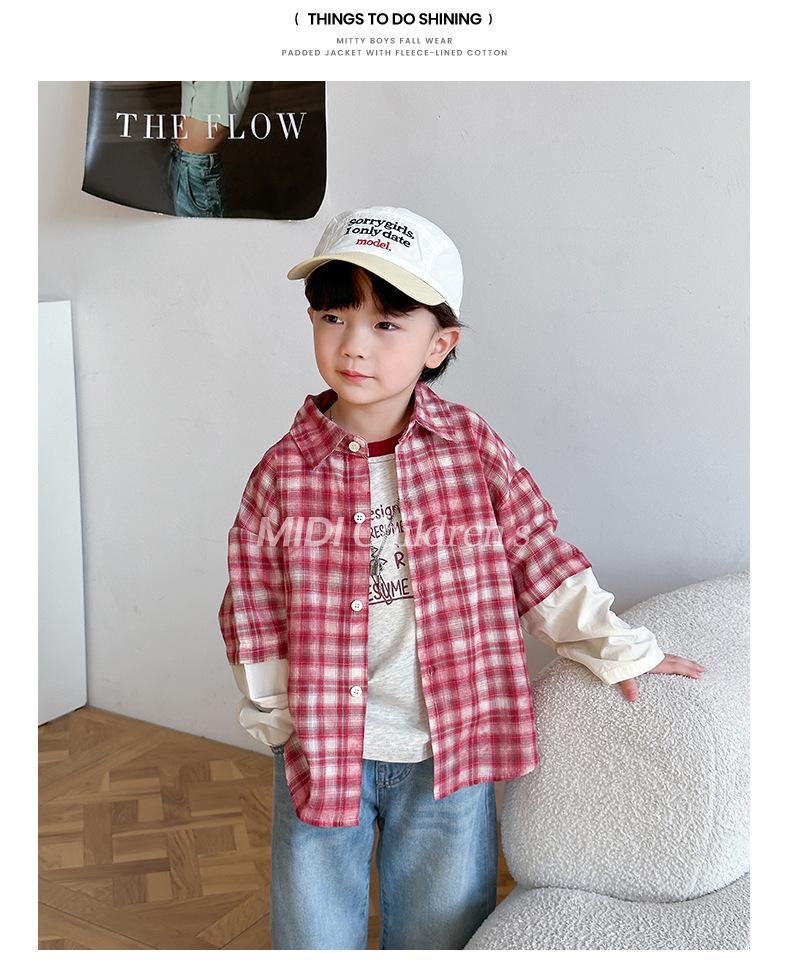 Детская рубашка с красными лацканами в клетку — в стиле колледжа, весна/осень 2025 г., комплект из двух предметов для мальчиков и девочек