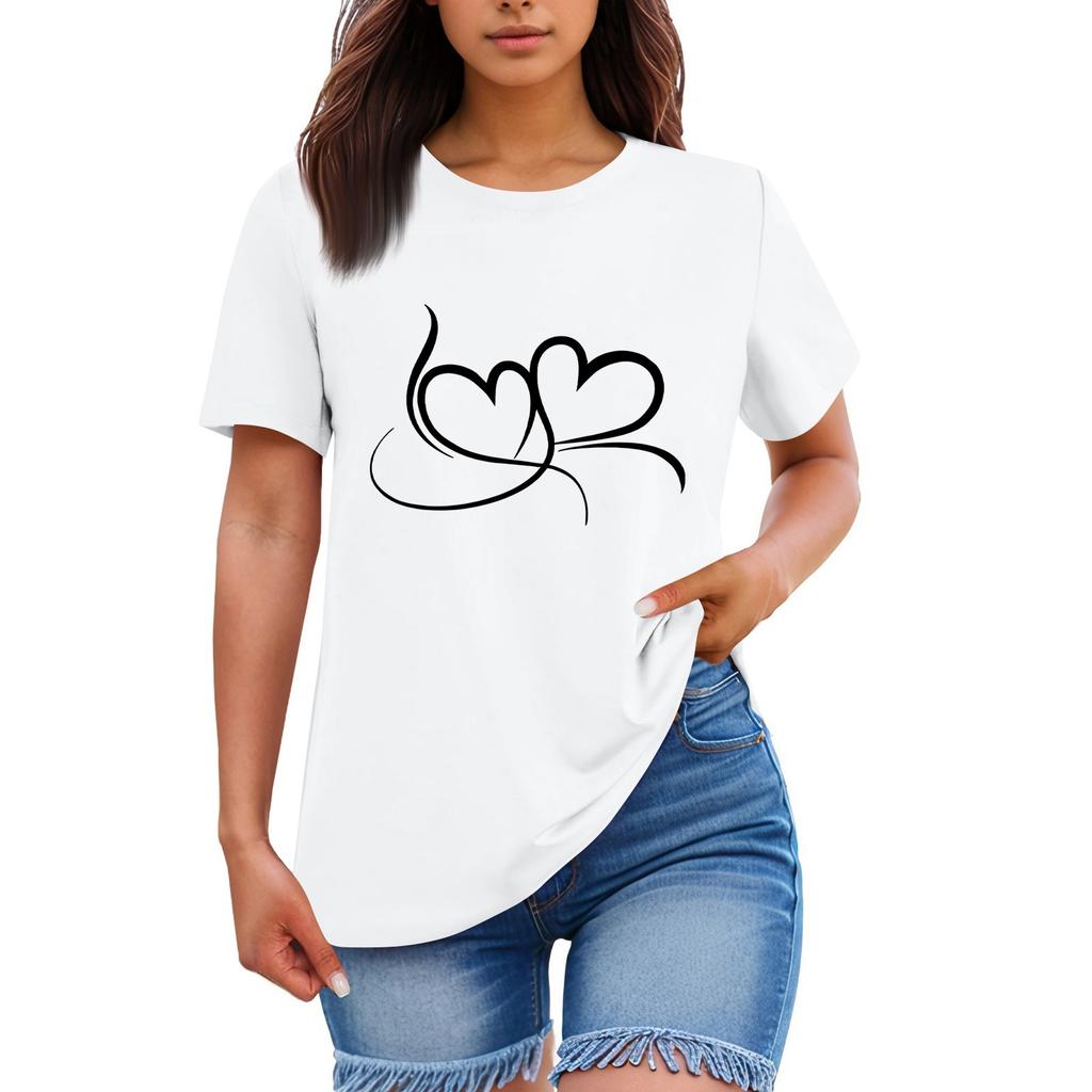 Ladies' Loose Comfortable Casual Fashionable Heart Pattern Printed Round Neck Short Sleeved Shirt
