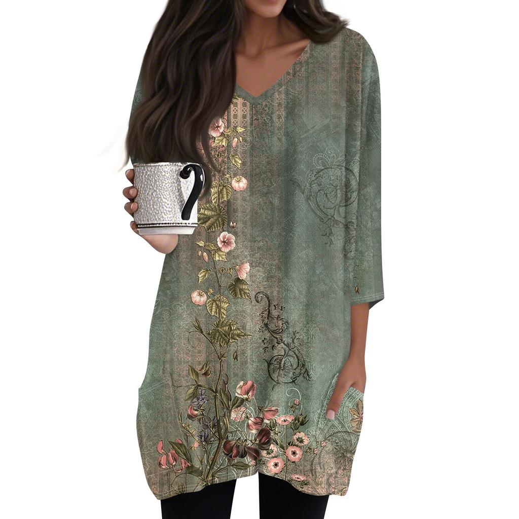 Womens Tops V-neck 3/4 Sleeve Blouses Casual Mid-length Shirts Fashion Print Tunic Tops With Pockets