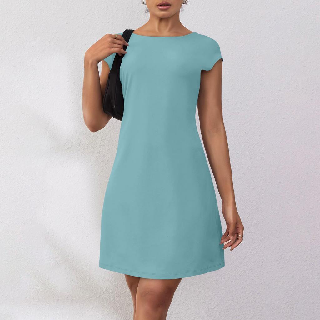 Женское летнее повседневное платье-футболка с открытой спиной и короткими рукавами, вечерние платья с круглым вырезом